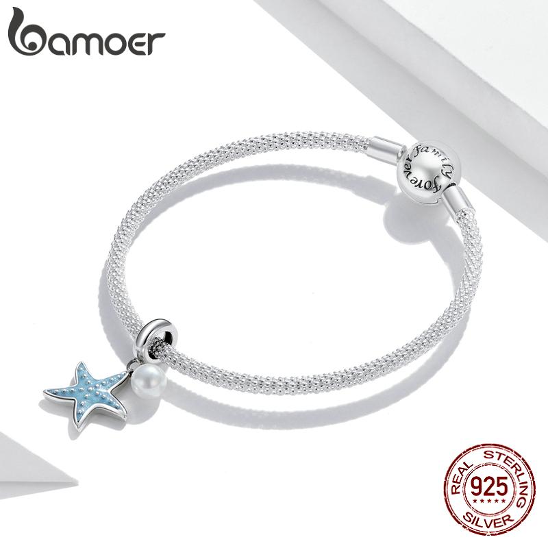 Bamoer 925 Sterling Silver Blue Starfish Hanging Beads Charm Fit Original 3MM Bracelet or Necklace DIY Jewelry