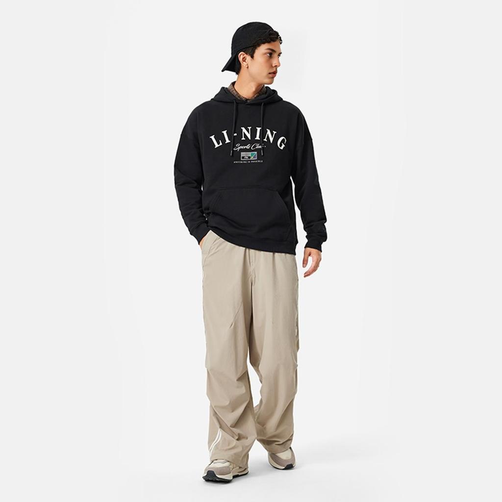 Li Ning Sports Lifestyle Series High Street American Vintage Letter Loose Hoodie Pullover Long Sleeve Fleece Sweatshirt Men Sweatshirt Black AWDU673-3
