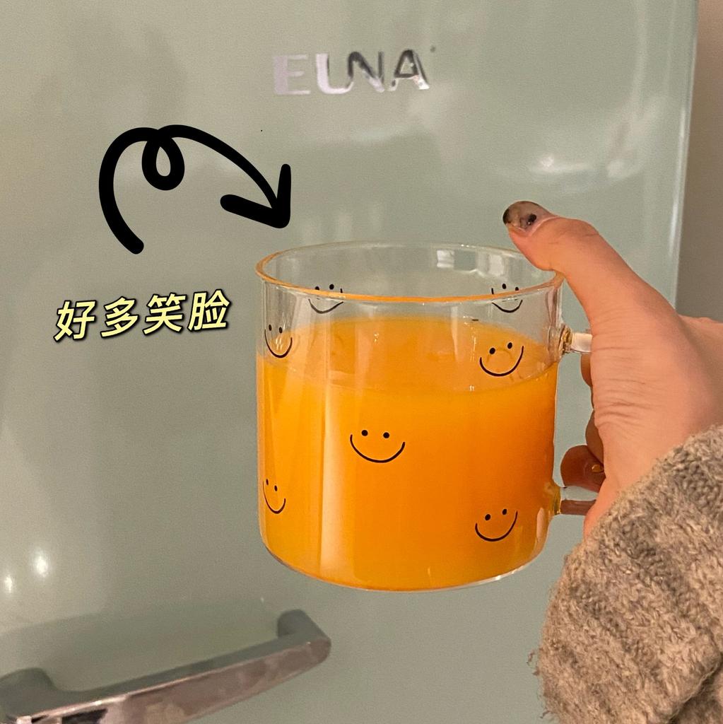 Busy Shop Ins Smiley Face Handle Glass, Cartoon High Temperature Resistant Simple Milk Cup Breakfast Fruit Cup 500Ml