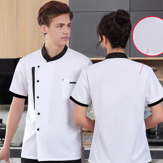 Unisex Chef Shirt Soft Breathable Stand Collar Single-breasted Short Sleeves Chest Pockets Restaurant Diner Kitchen Cook Top