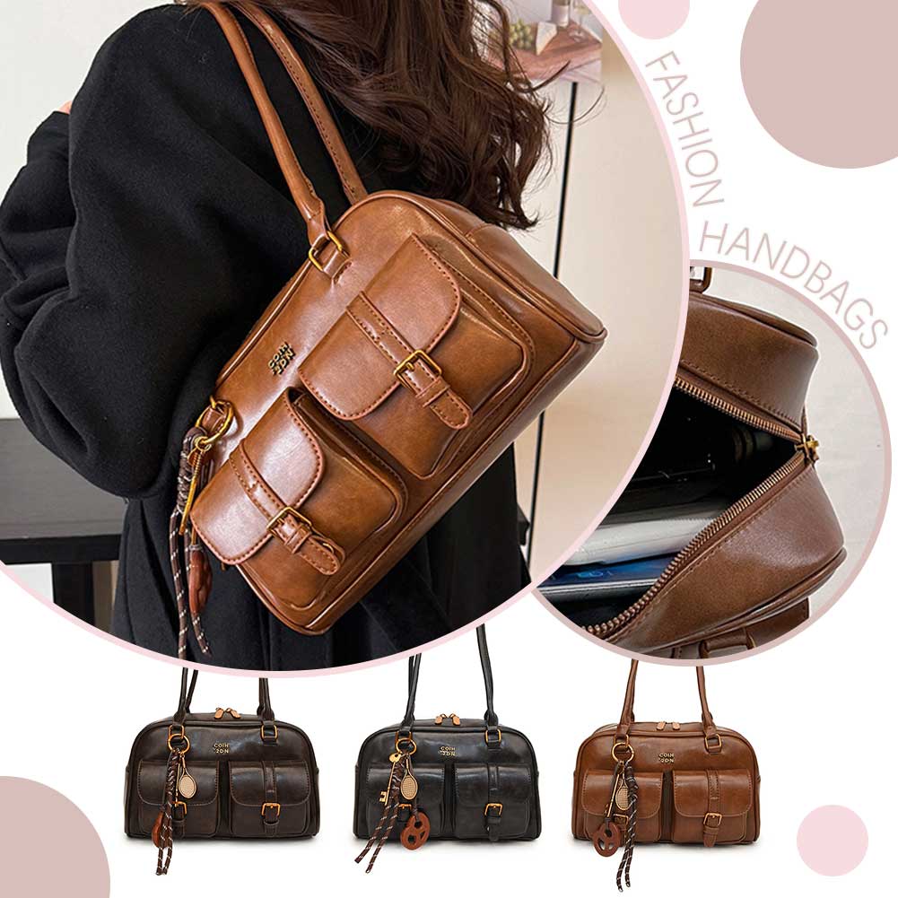 Women Multi Pockets Shoulder Bag with Pendant Vintage Armpit Bag PU Leather Casual Soft Handbag Travel Shopping Date Handbag