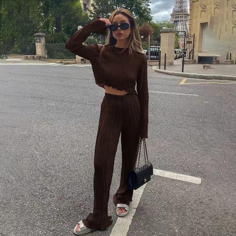 

Western Classy Style Pleated T-shirt Pants Two-Piece Suit Long Sleeve T-Shirt Trousers Set Brown S