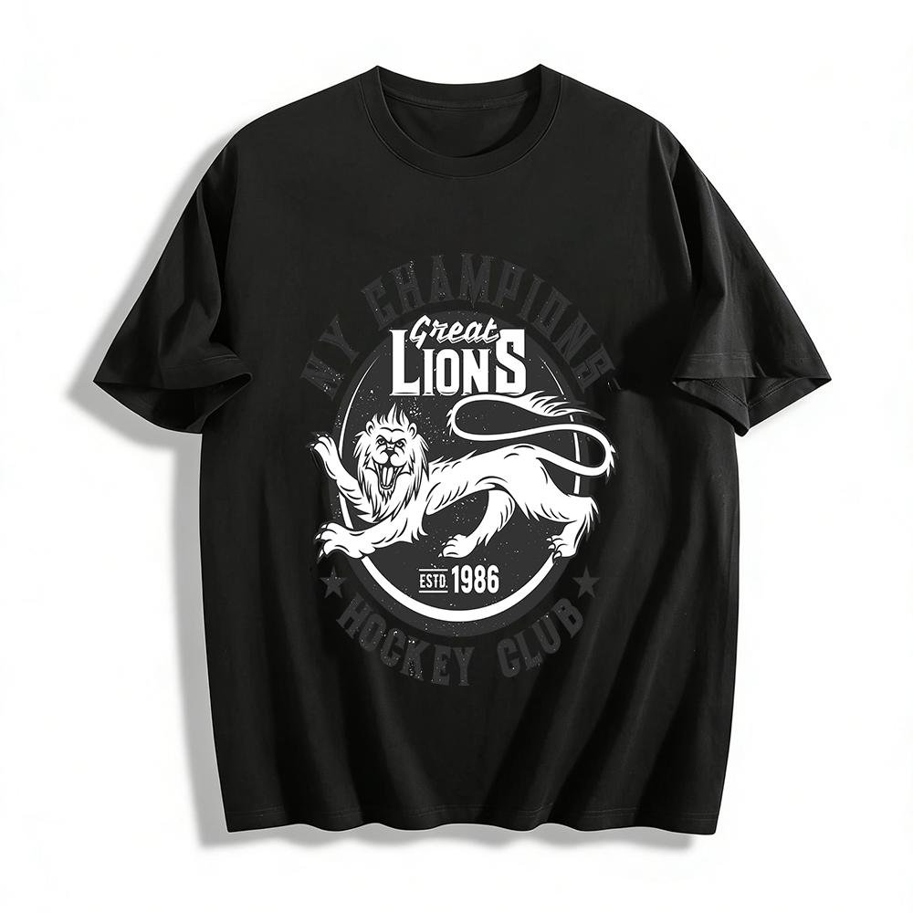 

Чемпионы Нью-Йорка Хоккейный клуб Great Lions 1986 Винтажная печатная футболка Хлопковая футболка XXS
