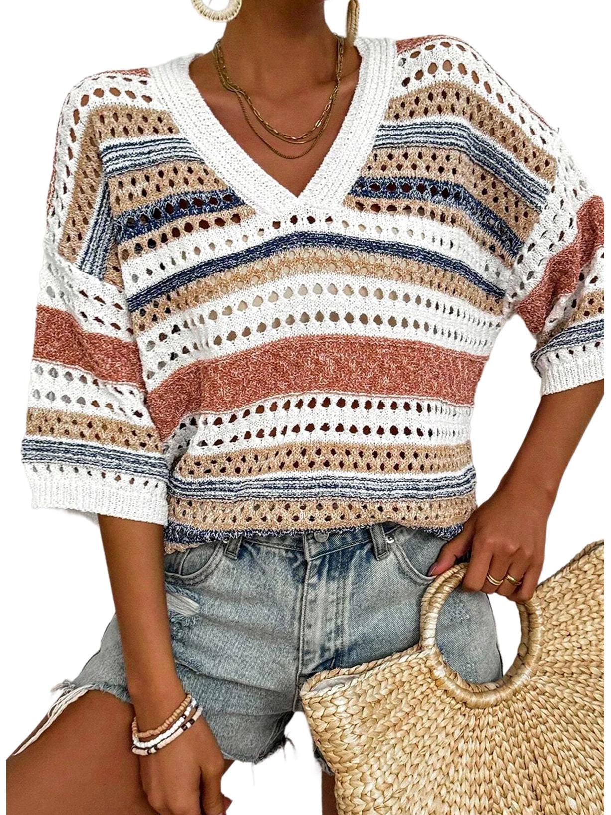 

Shiying Осенний Вязаный Свитер с V-образным Вырезом в Ретро Цветоблоке Large