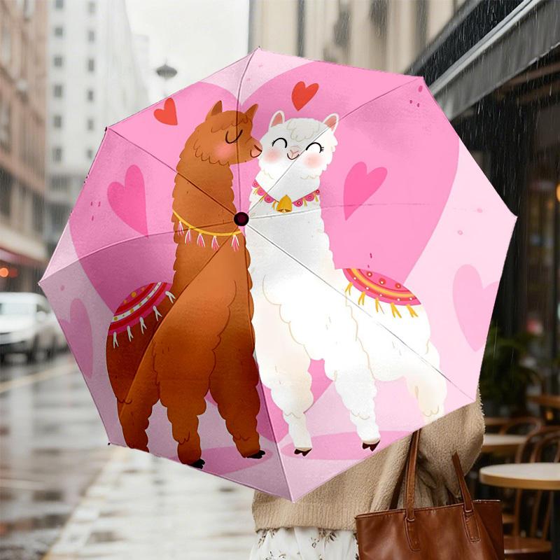 1pc Alpaca Love Automatic Folding Umbrella 8 Rib Iron Frame, Compact Portable Umbrella Suitable for Travel, Daily Use, Birthday, Women & Men Gift 006