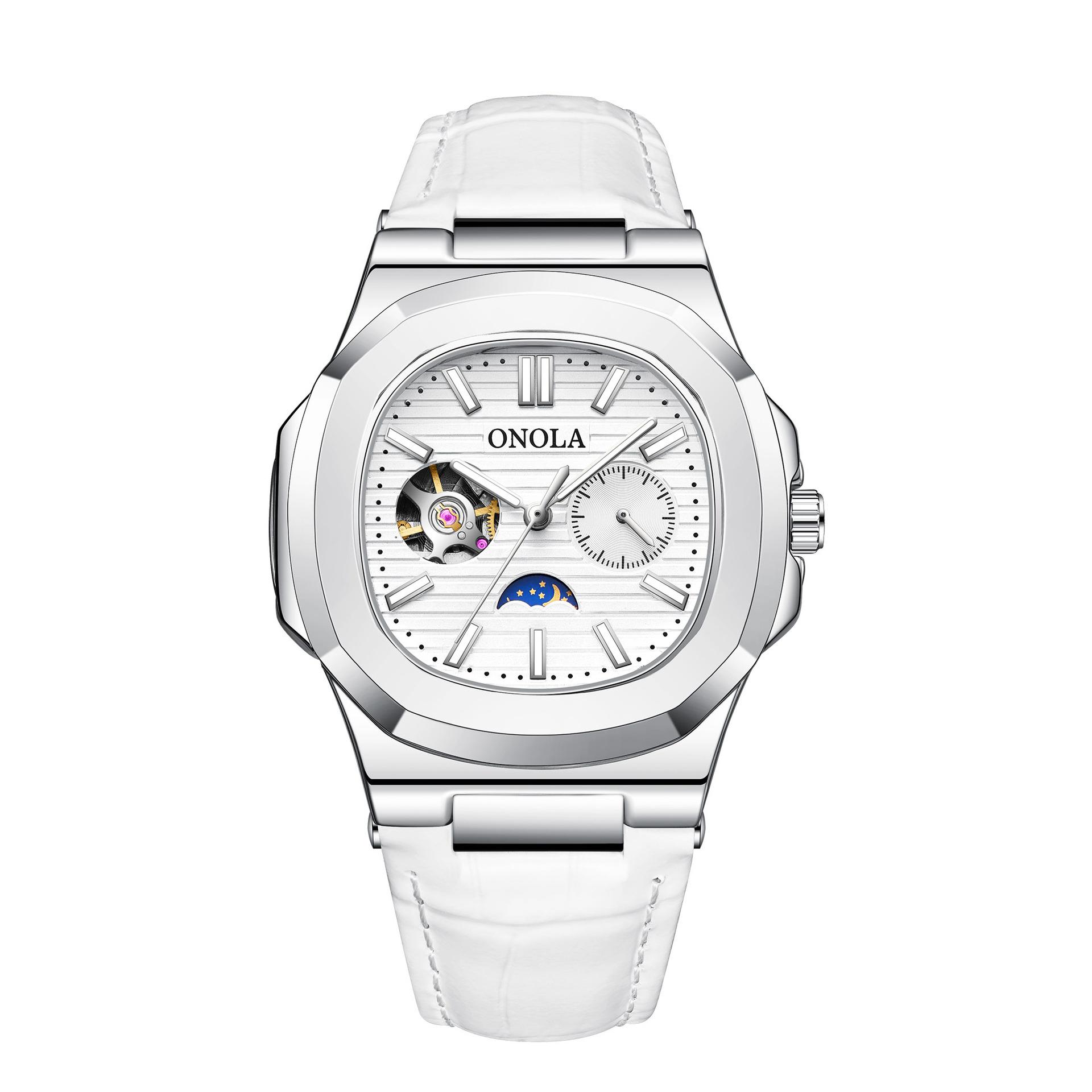 

Высококачественные механические часы Sun Moon Star для мужчин с полым кожаным ремешком и водонепроницаемыми часами