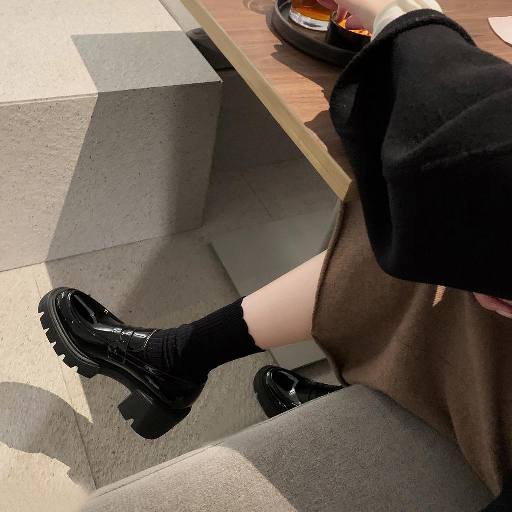 Sheepskin~ Thick Sole Heightening One Pedal Lazy Thick Sole Loafers Women's Leather Thick Heel British Style Muffin Small Leather Shoes