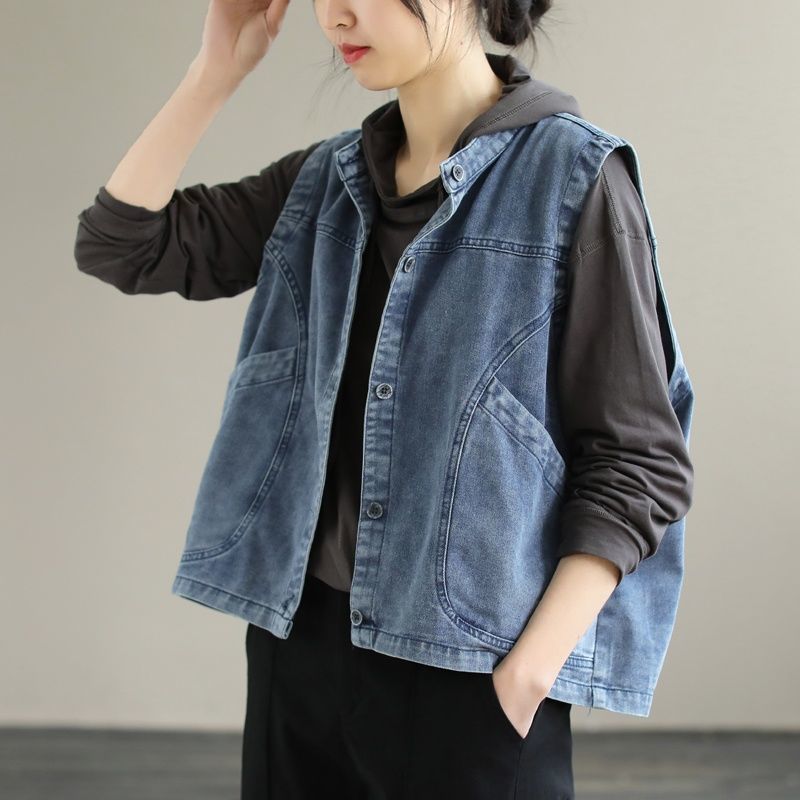 Spring and Autumn Denim Vest Women Literary Leisure Fashion Loose Shoulders Outside Sleeveless Shoulder Undershirts Plus Size