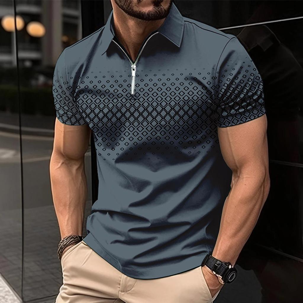 Summer New Men's Short Sleeved Lapel Polo Shirt Square Printed Zipper Casual