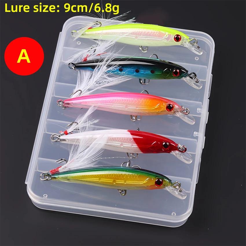 

5pcs/box Laser 3D Eyes Bionic Minnow Fishing Lure -13.3g/6.8g Hard Bait with Feather Treble Hooks for Maximum Catch