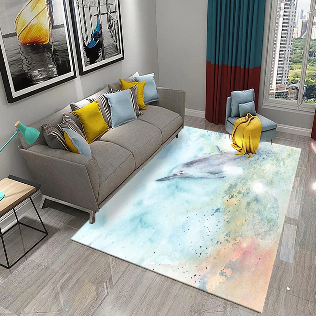 Cartoon Dolphin Carpet Cute Marine Animal Rug for Kid Bedroom Carpet Children Play Crawling Mat Bathroom Non-slip Mat Home Decor