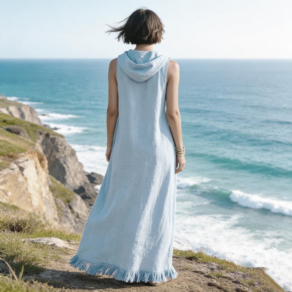 Sleeveless Hooded Maxi Dress with Fringe Hem Casual Long Dress Lightweight Loose Fit Summer Dress for Women