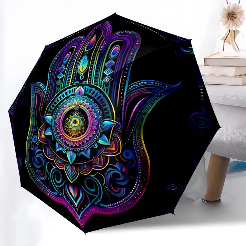 1pc Sturdy 8-Bone Auto Umbrella, hamsa Umbrella, Digital Printed, Foldable Umbrella for On-the-Go Outdoor Use