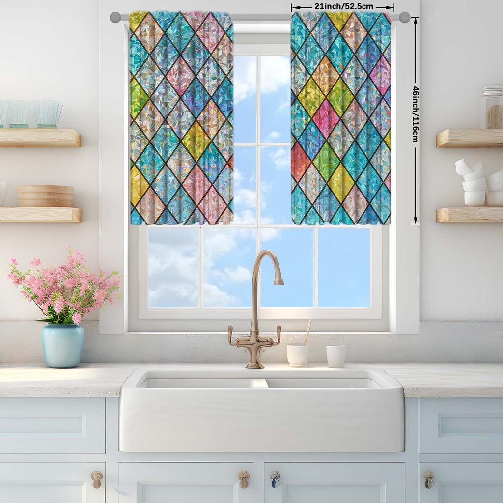 2 Panels Colored Square Glass Window Pattern Curtains   Distinctive Printed Curtains   Suitable for Gifting To Family and Friends
