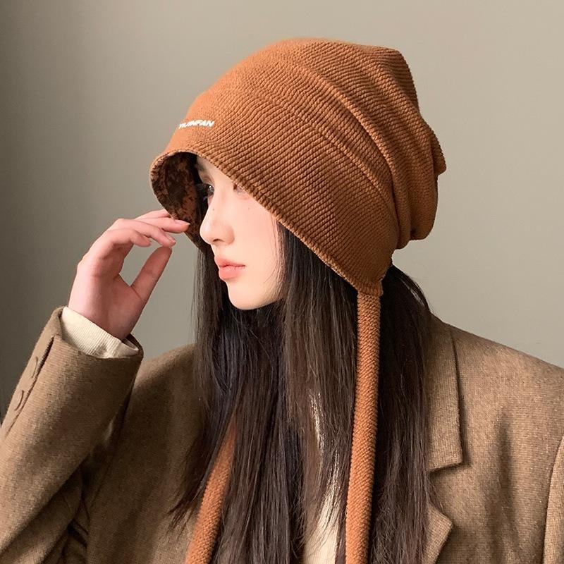 Double-sided can be worn, autumn and winter hats, women's headgear hats, big head circumference showing face, small pile hats, warm knitted cold hats