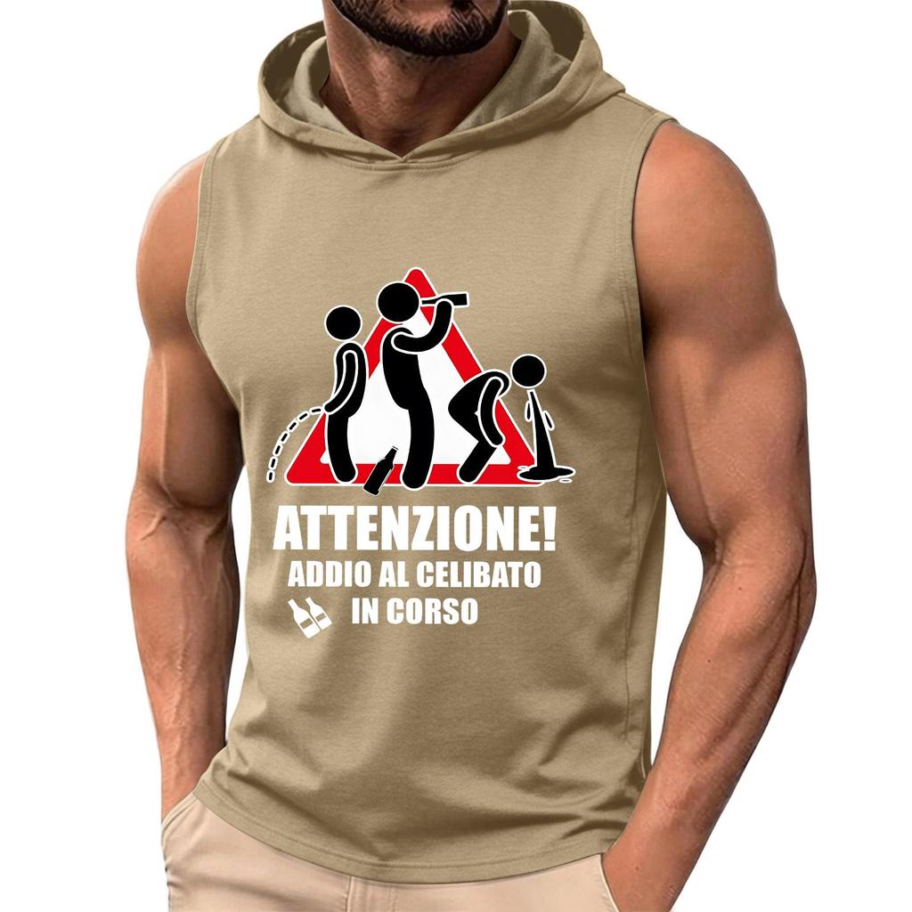 Men's Sleeveless Hoodie Casual Loose Fit Graphic Print Warning Bachelor Party T-Shirt Top for Leisure and Everyday Wear