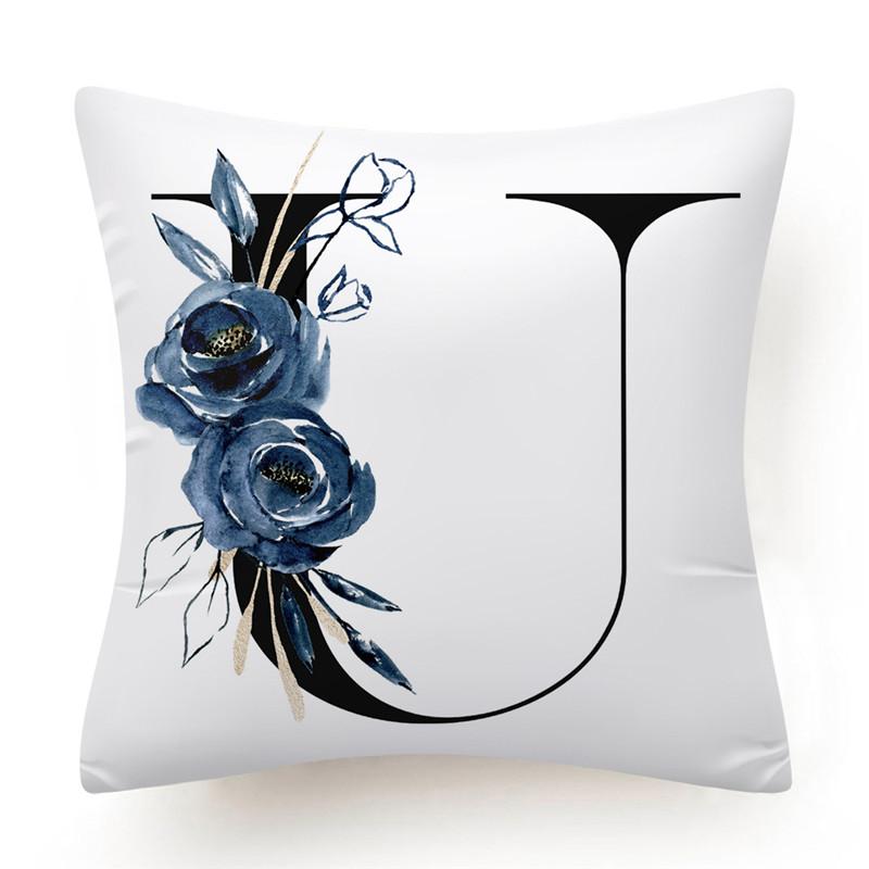 Floral Alphabet Cushion Cover 45x45 Blue Flowers Pillowcase Decorative Sofa Cushions Throw Pillows  Home Decor Pillow Cases