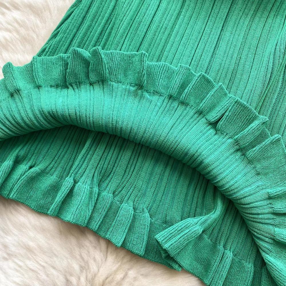 Robe longue élégante à col rond et manches courtes, style vintage à volants, en tricot, slim, style français, pour femme, automne-hiver, vêtements élastiques