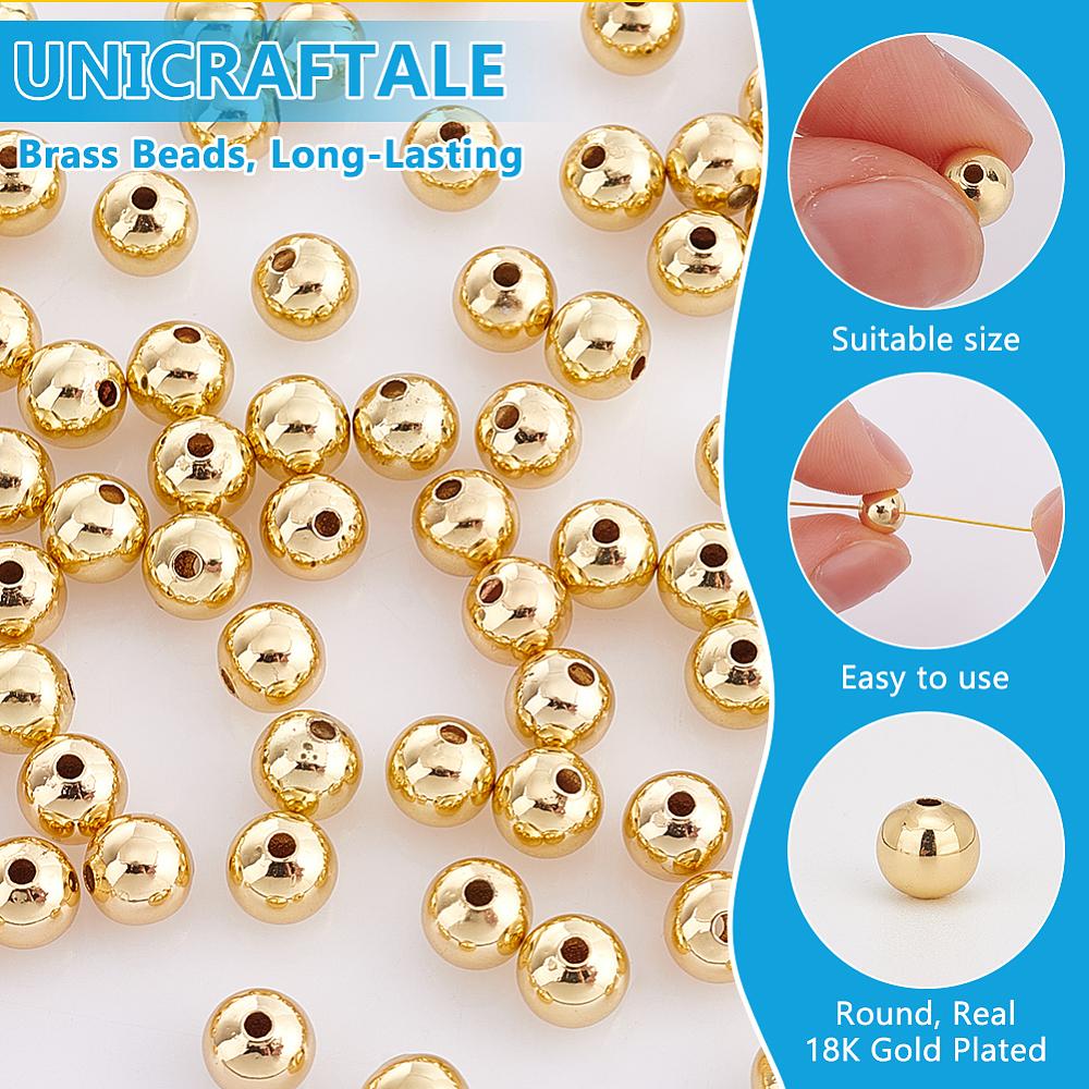 100Pcs Brass Beads, Long-Lasting, Round, Real 18K Gold Plated, 6mm, Hole: 1.2mm