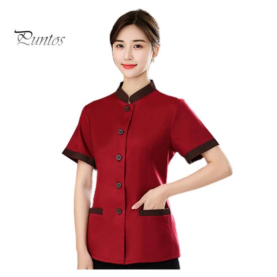 

Униформа для ведения домашнего хозяйства в отеле, женская облегающая верхняя одежда с воротником-стойкой и короткими рукавами, однобортные карманы, рабочая униформа, топы 2XL вино красного