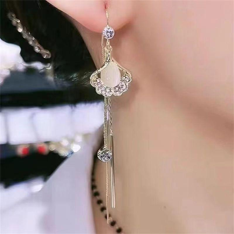 Green Cat Eye Stone Tassel Zircon Earrings