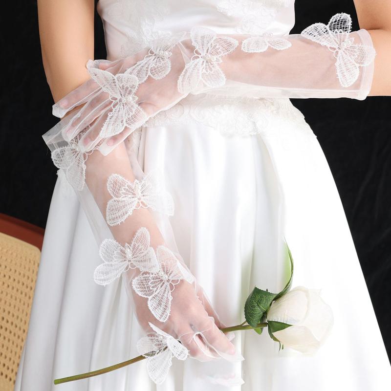 Gants Longs en Dentelle Papillon en Maille Blanche Accessoires Robe de Mariée Mariée Élégants Fins Transparents Décoration de Fête Gants Coudes