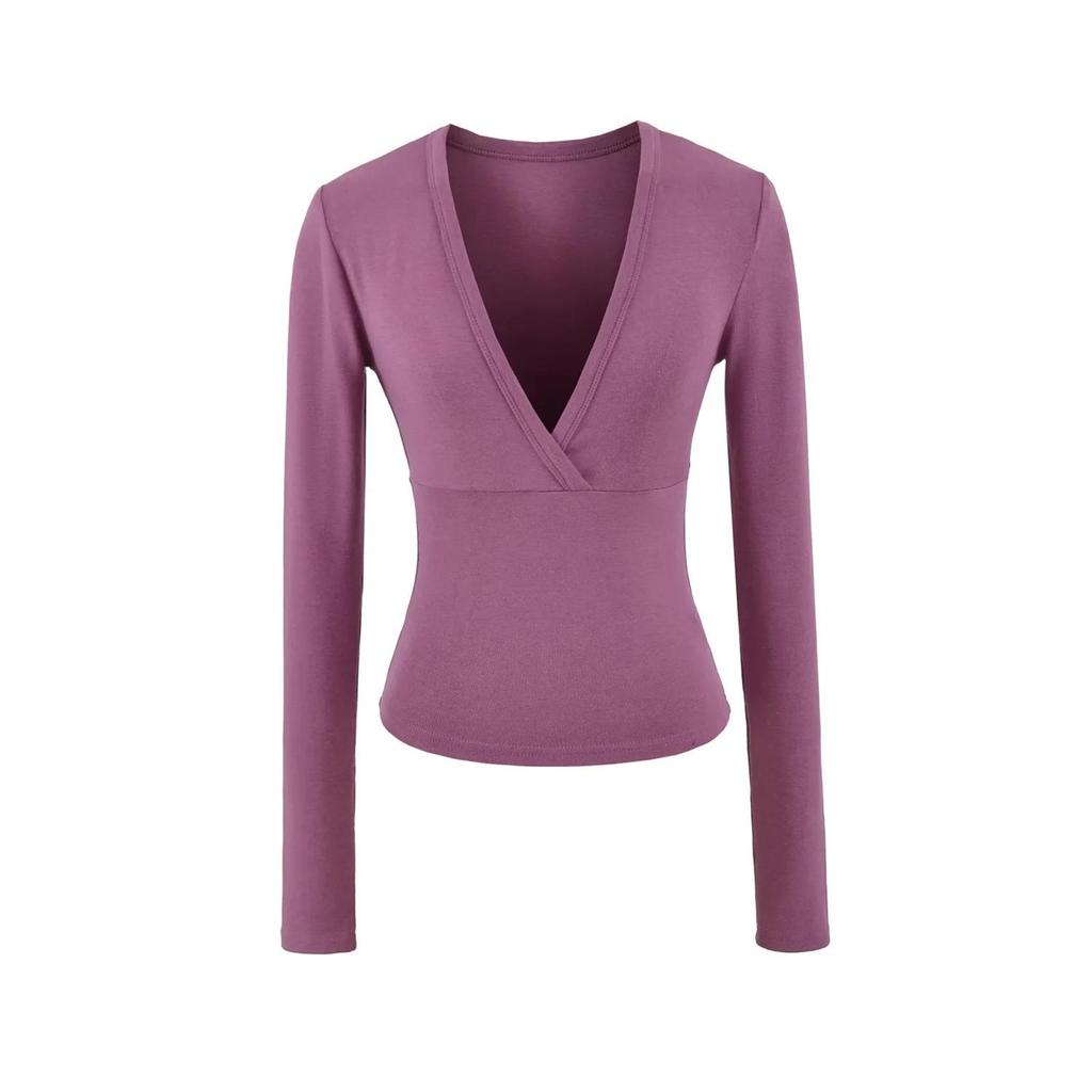 Women's Spicy American Deep V-neck Waist-cinching Long-sleeve T-shirt - Slim Fit for Autumn