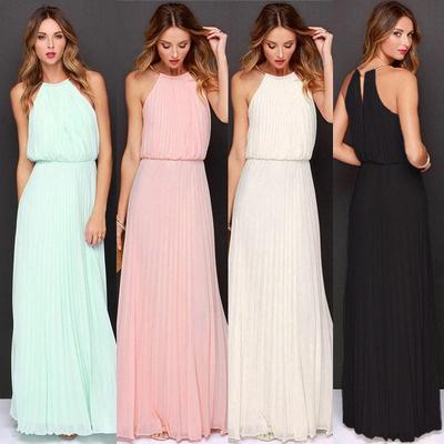 Wome Spaghetti Strap Halter Collect Waist Pleated Summer Long Deess
