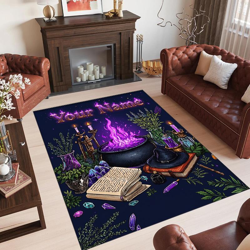 Witchcraft Theme Crystal Velvet Rug Personalized Custom Name Text Soft Floor Mat Home Decor