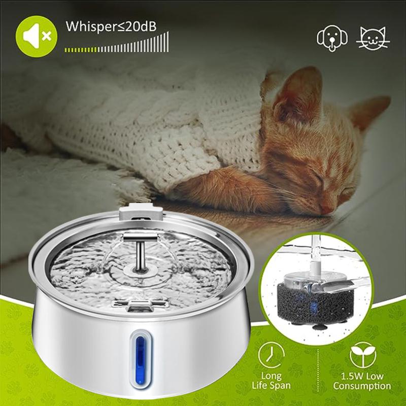 4L Cat Water Fountain Round Stainless Steel Automatic Drinking Fountain Double Outlet Cat Drinker Suitable for Two Pet Dog Cat