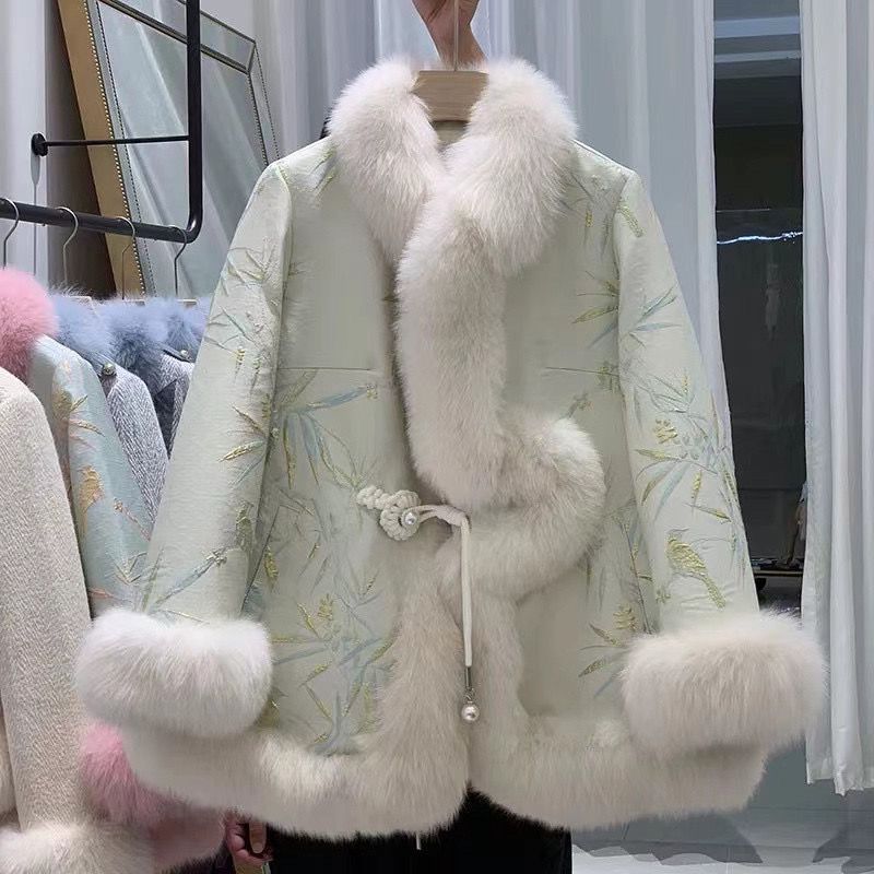 Satin National Style Buckle Imitation Fox Fur Coat Women's Young Fur Coat Winter New