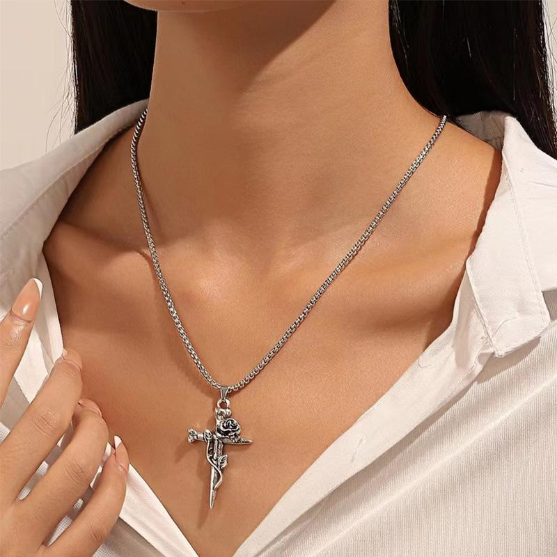 1Pcs Vintage Rose Cross Pendant Necklace For Women Men Stainless Steel Chain Punk Goth Trendy Accessories Choker Gothic Jewelry