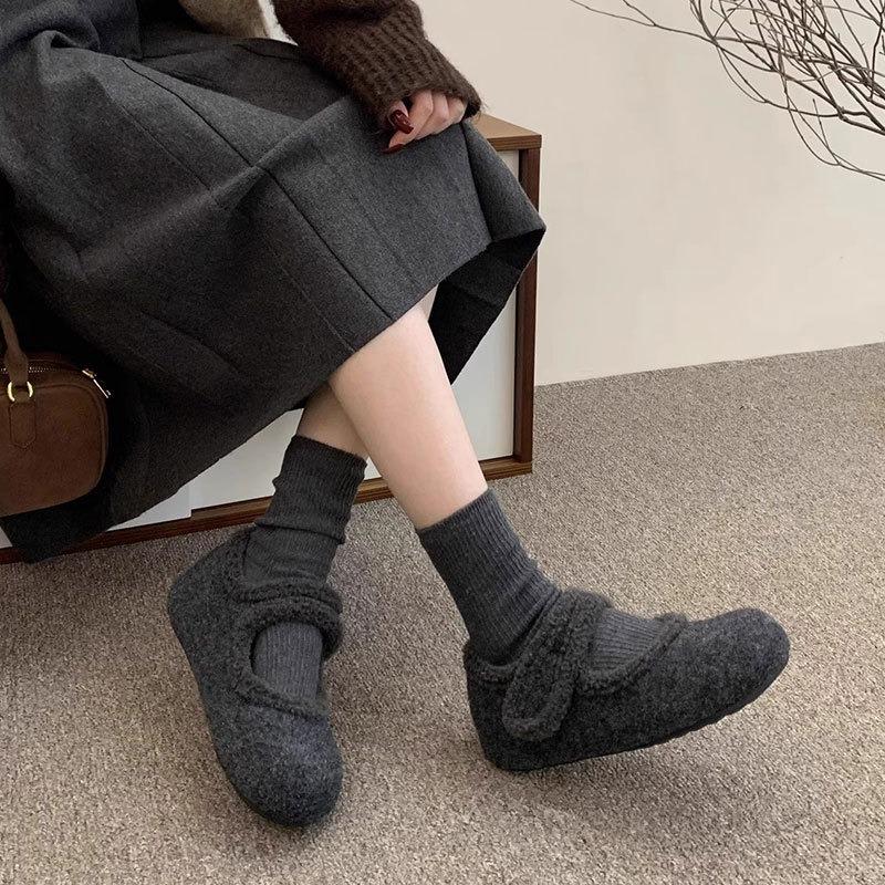 inner height increase thick sole women's velvet gray Mary Jane fluffy shoes women wear woolen cotton shoes in winter