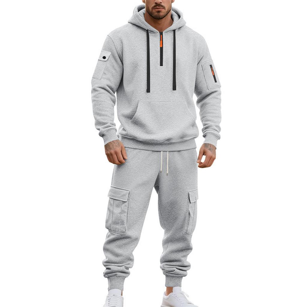 Men's Winter Fleece Multi-pocket Zipper Sweatshirt Suit Personalized Casual Hoodie Suit
