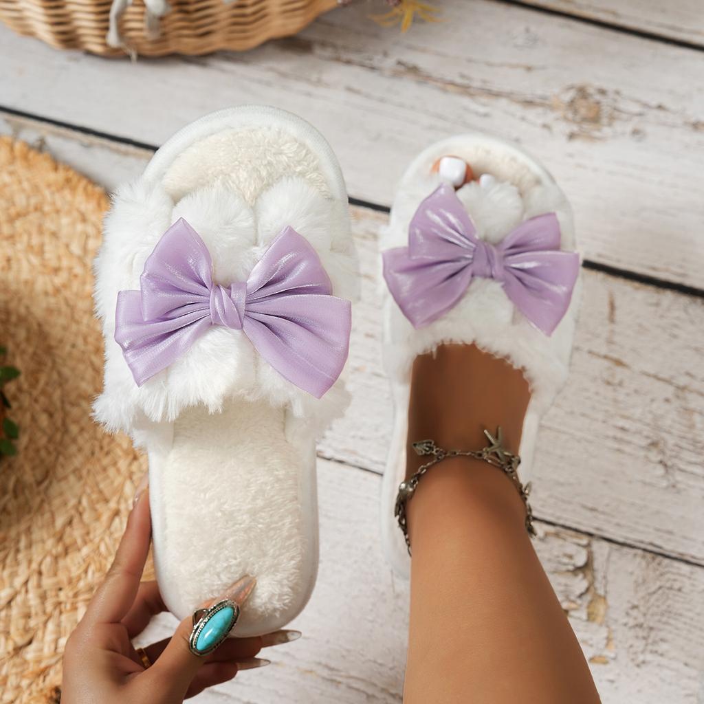 Bows Open Furry Slippers Women's Autumn and Winter Warm Slippers Fashion Slippers Indoor Living Room Slippers