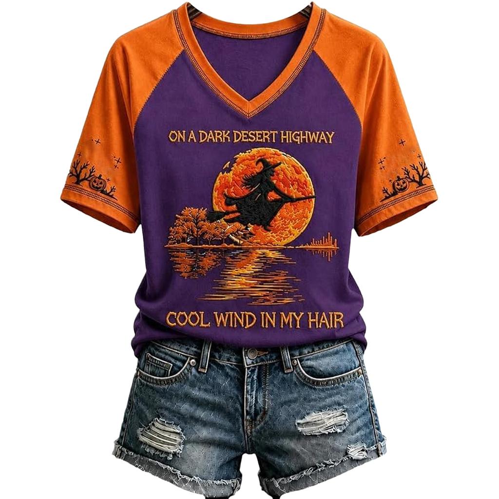 Women's Halloween Printed V-Neck Raglan Sleeve T-Shirt Casual Short Sleeve Top