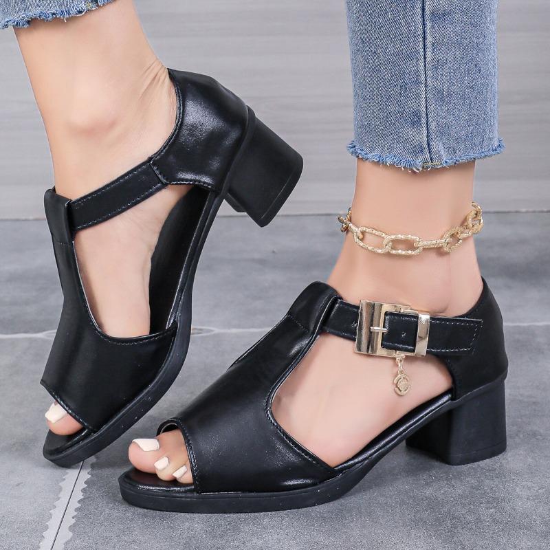 

Fashion Ladies Shoes 2025 Brand Peep Toe Women s Sandals Fashion Buckle Strap Office and Career Summer Sweet Plus Size Heeled Sandals 41 чёрный