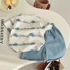 Children's Summer Short Sleeved Set with Korean Striped Printed T-shirt and Soft Denim Shorts Summer Two-piece Set