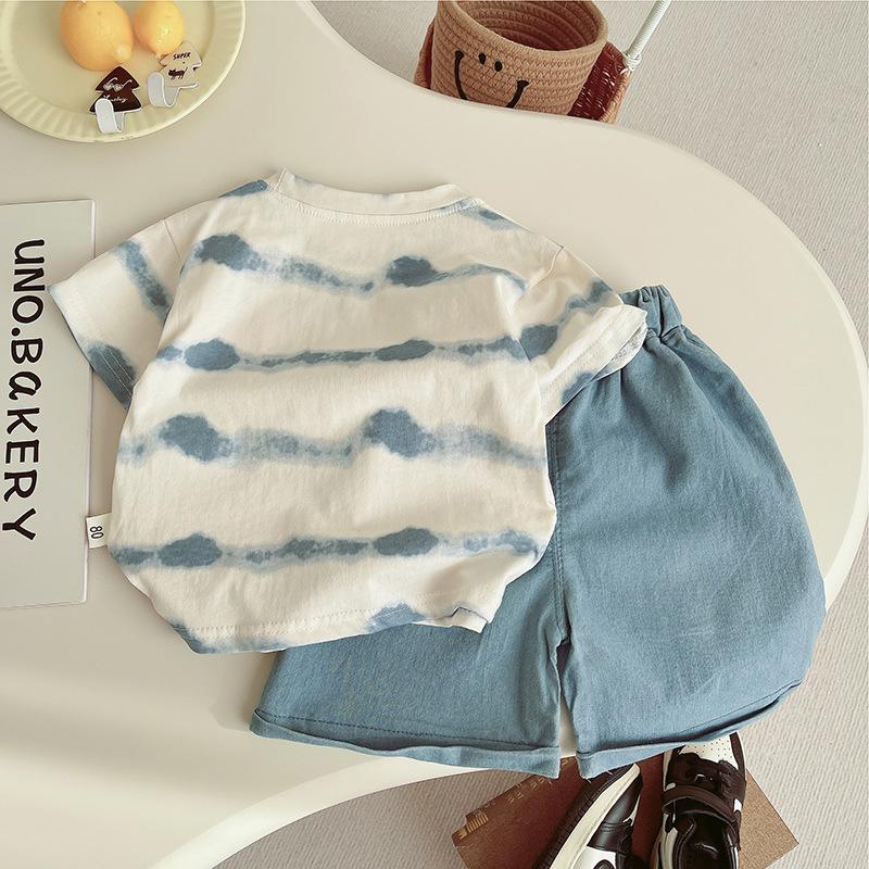 Children's Summer Short Sleeved Set with Korean Striped Printed T-shirt and Soft Denim Shorts Summer Two-piece Set
