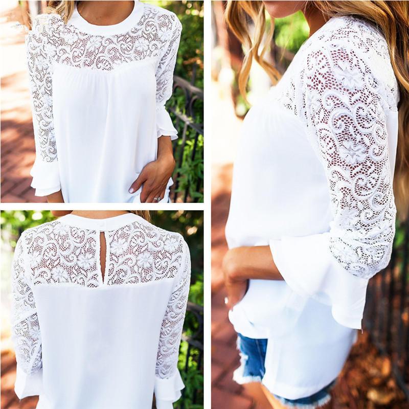 Elegant Chiffon Lace Blouse Loose Fit Pullover Long Sleeve T-shirt For Women