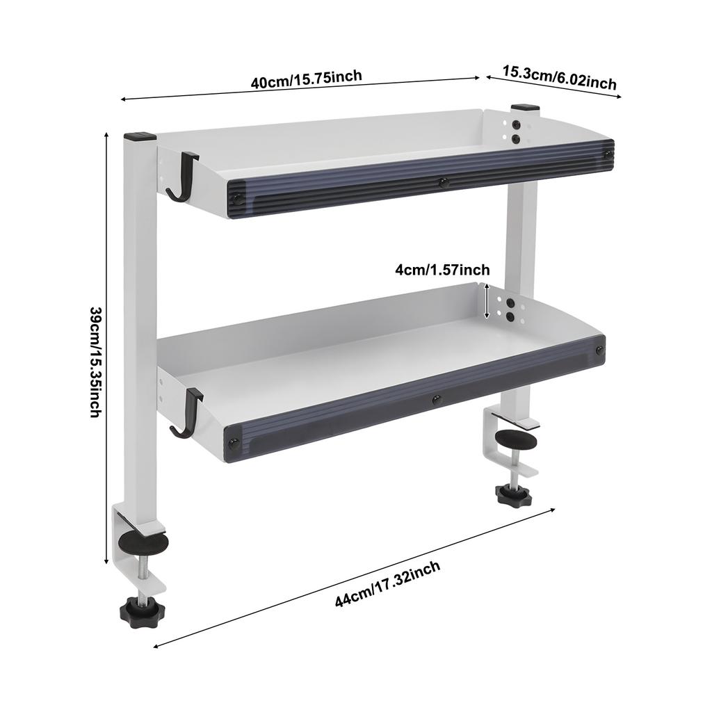 Clamp-On Desk Shelf – 2-Tier Under/Over Desk Storage Organizer with Guardrail – White