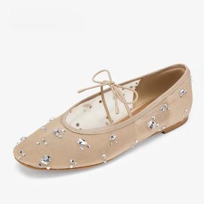 Komfortable atmungsaktive Netz-Ballerinas Damen Luxus Kristall-Verzierung Mary Jane Schuhe Elegant Leichtgewicht Weiche Sohle Freizeitschuhe