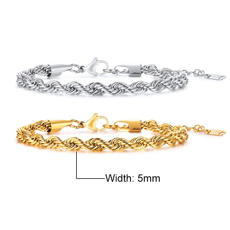 Vnox Unisex Rope Chain Bracelets for Men Women, Stainless Steel Twisted Links Chain Bracelet,Simple Classic Jewelry Gift for Him