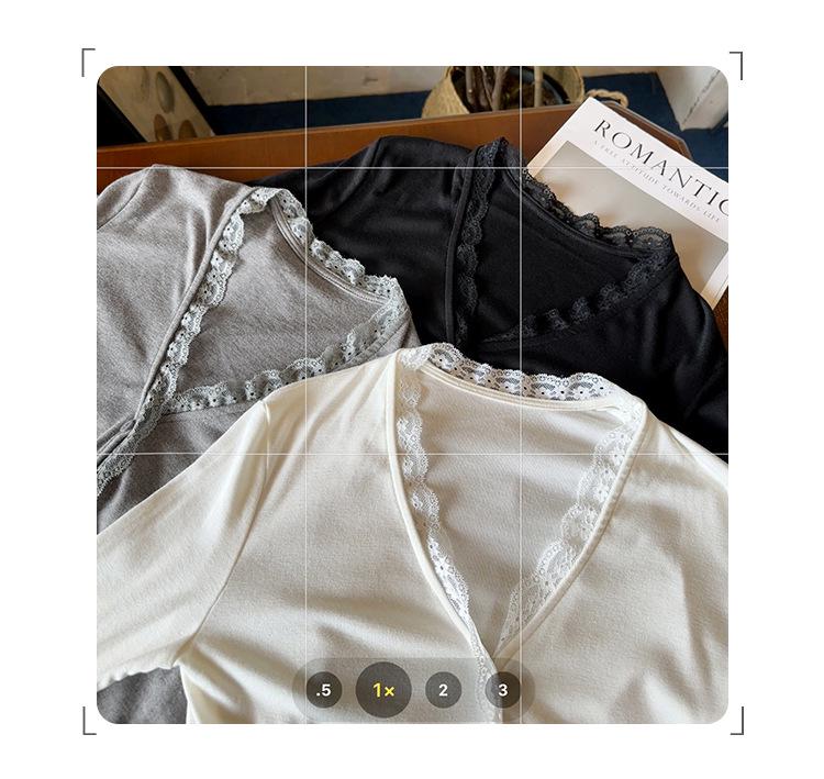 Elegant V-Neck Korean Style Knit Cardigan with Lace Trim for Women, Slimming Autumn Long-Sleeve Top