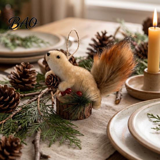 Realistic Squirrel for Home Decor Christmas Ornaments Tree, Cute Felt Plush Woodland with Pine Fluffy Figurine Cone, Hanging Forest Animal Decoration