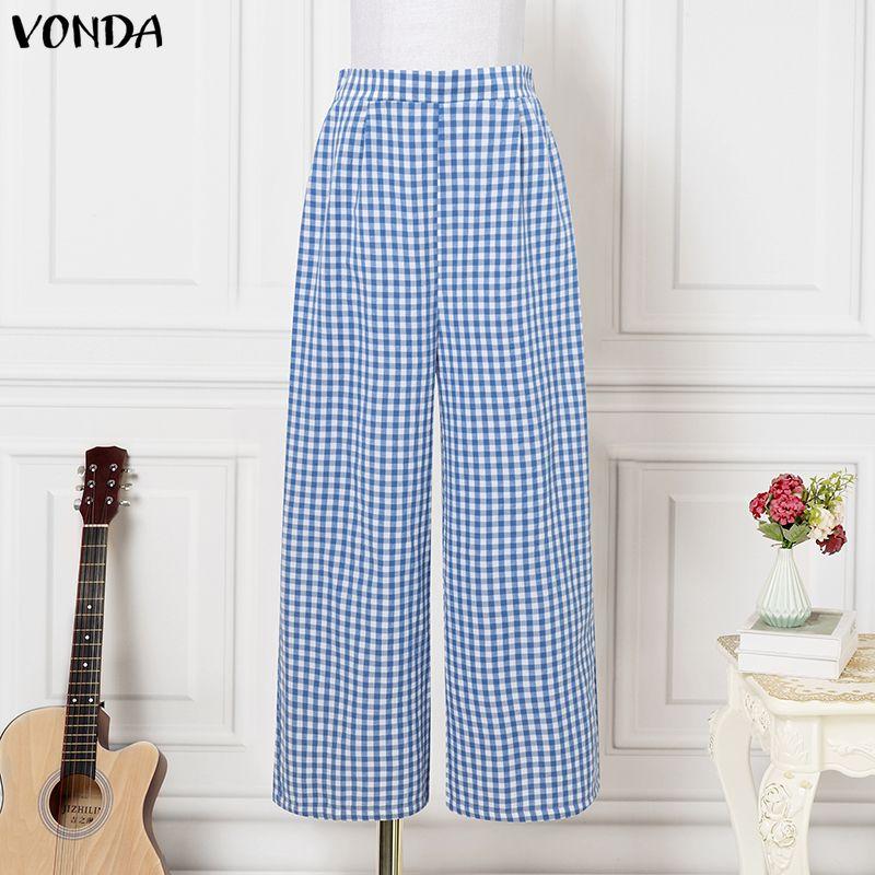 VONDA Two Picecs Sets Women Plaid Print Short Sleeve Blouse and Pants Casual Outfits
