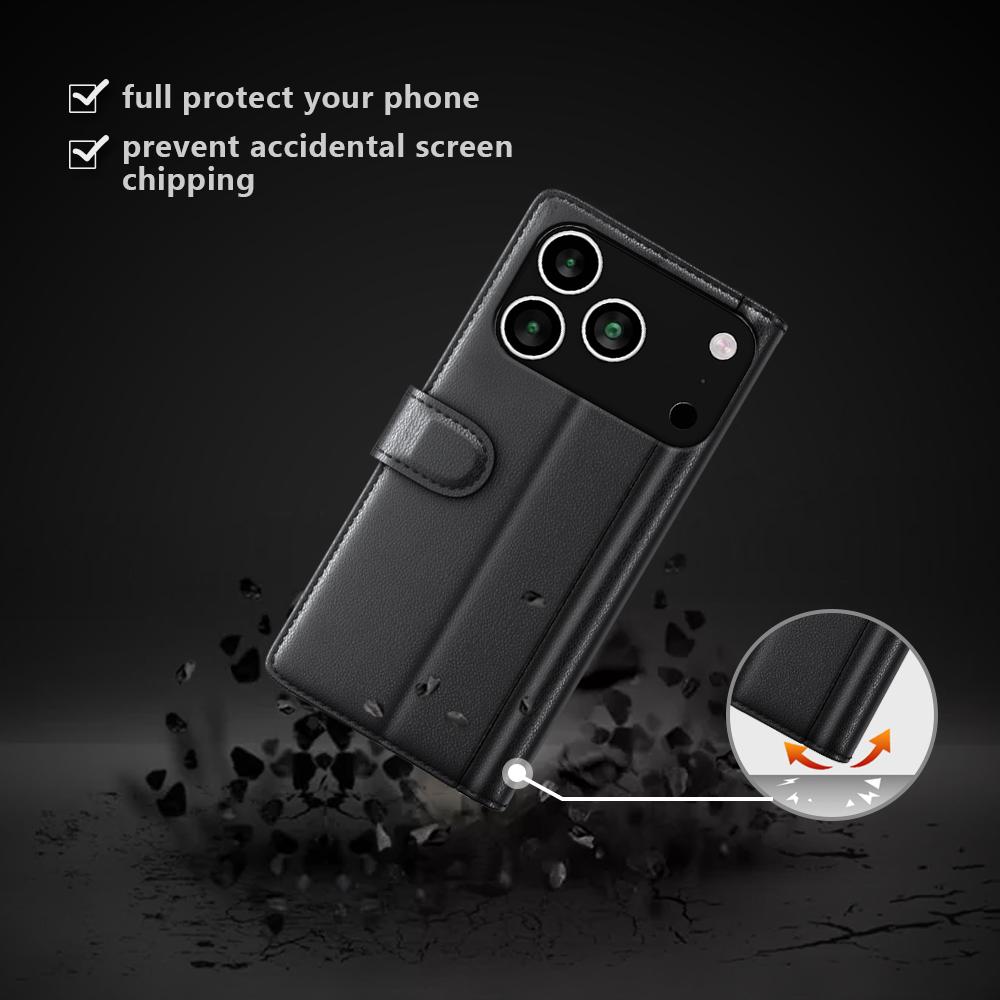 

For iPhone 17 Pro Case Genuine Split Leather Phone Cover Wallet Card Slot Black