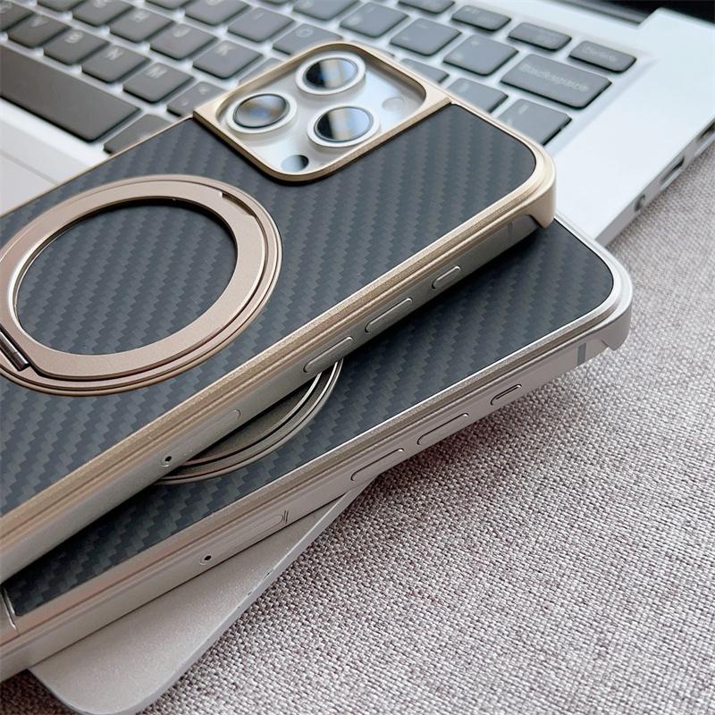 Magnetic Push-Pull 360 Rotate Bracket Metal Phone Case For iPhone 14 15 16 Pro Max Magsafe Carbon Fiber Texture Shockproof Cover