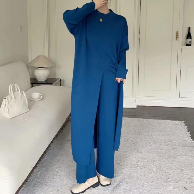 Lazy large size split two-piece sweater autumn and winter new wide-leg pants medium and long pullover knitted sweater set