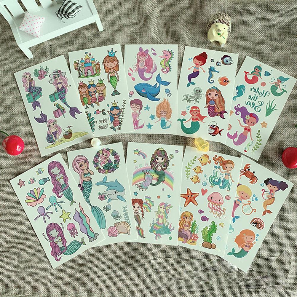 10 Sheet Cartoon Mermaid Temporary Tattoos Stickers Waterproof Party Tattoo Children"s Set